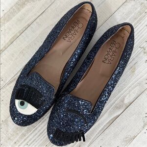 Chiara Ferragni Navy Glitter Eye Loafers Shoes Fun Footwear Loafers Business